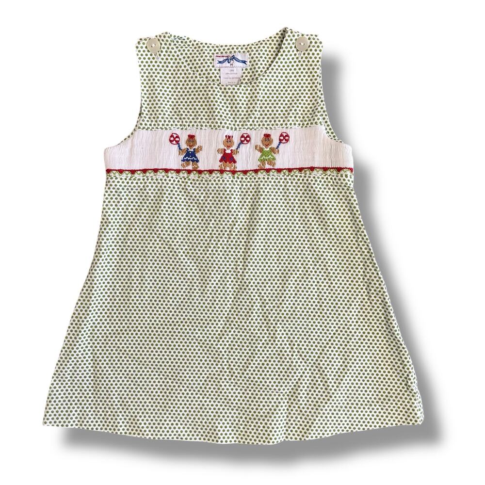 Silly Goose Hand Smocked Dress 24M Girls Green Polka Dot Gingerbread‎ Embroidery